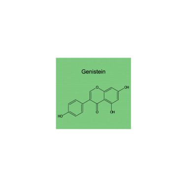 Genistein iskelet yapısı diyagramı. Isoflavanone bileşiği molekülü yeşil arkaplan üzerine bilimsel çizim.