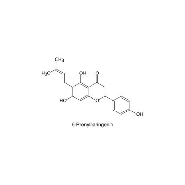 6-Prenylnaringenin iskelet yapısı şeması.Prenylated flavonoid bileşiği molekülü beyaz arkaplan üzerine bilimsel illüstrasyon.