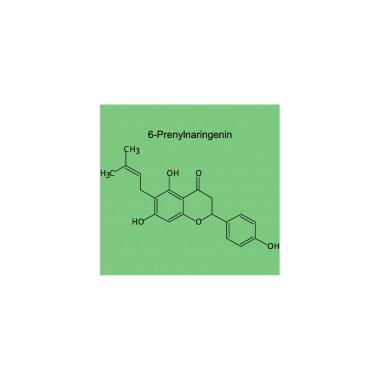 6-Prenylnaringenin iskelet yapısı şeması.Prenylated flavonoid bileşik molekülü yeşil arkaplan üzerine bilimsel illüstrasyon.