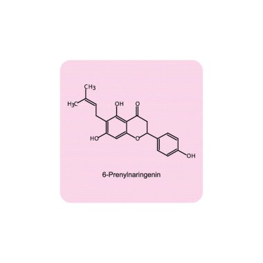 6-Prenylnaringenin iskelet yapısı şeması.Prenylated flavonoid bileşik molekül pembe arkaplan üzerine bilimsel illüstrasyon.