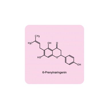 6-Prenylnaringenin skeletal structure diagram.prenylated flavonoid compound molecule scientific illustration on pink background. clipart