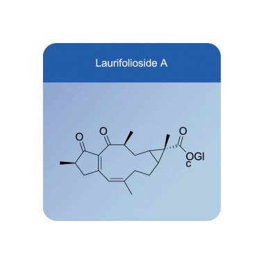 Laurifolioside A skeletal structure diagram.Diterpenoid compound molecule scientific illustration on blue background. clipart