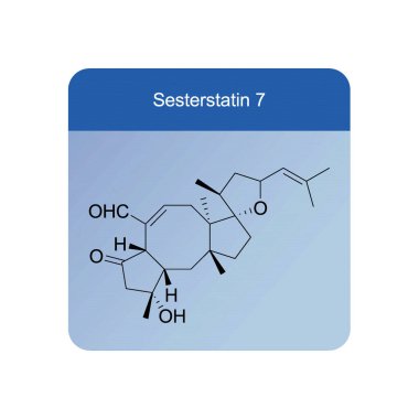 Sesterstatin 7 iskelet yapısı diyagramı. Sesterterpene bileşiği molekülü mavi arkaplan üzerinde bilimsel illüstrasyon.