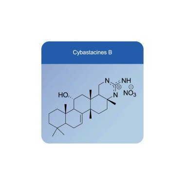 Cybastasines B iskelet yapısı diyagramı. Sesterterpene bileşik molekül mavi arkaplan üzerinde bilimsel illüstrasyon.