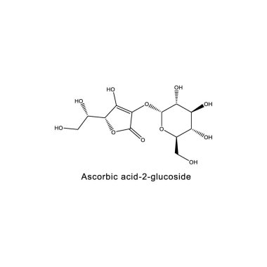 Ascorbic asit-2-glukoz iskelet yapısı diyagramı. Beyaz arka planda C vitamini türetilmiş bileşik molekül bilimsel çizimi..