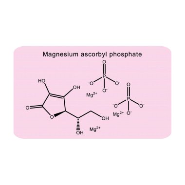 Magnesium ascorbyl phosphate skeletal structure diagram.Vitamin C derivative compound molecule scientific illustration on pink background. clipart