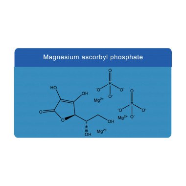 Magnezyum askorbil fosfat iskelet yapısı diyagramı. Mavi arka planda C vitamini türetilmiş bileşik molekül bilimsel çizimi..