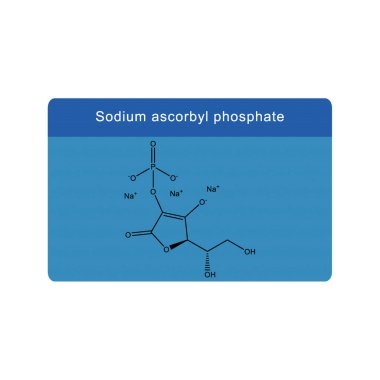 Sodyum askorbil fosfat iskelet yapısı diyagramı. Mavi arka planda C vitamini türetilmiş bileşik molekül bilimsel çizimi..