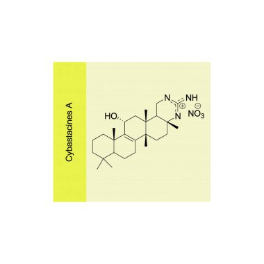 Cybastasines Bir iskelet yapı diyagramı. Sesterterpene bileşiği molekülü sarı arkaplan üzerinde bilimsel illüstrasyon.