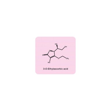 3-O-Ethylascorbic skeletal structure diagram.Vitamin C derivative compound molecule scientific illustration on pink background. clipart