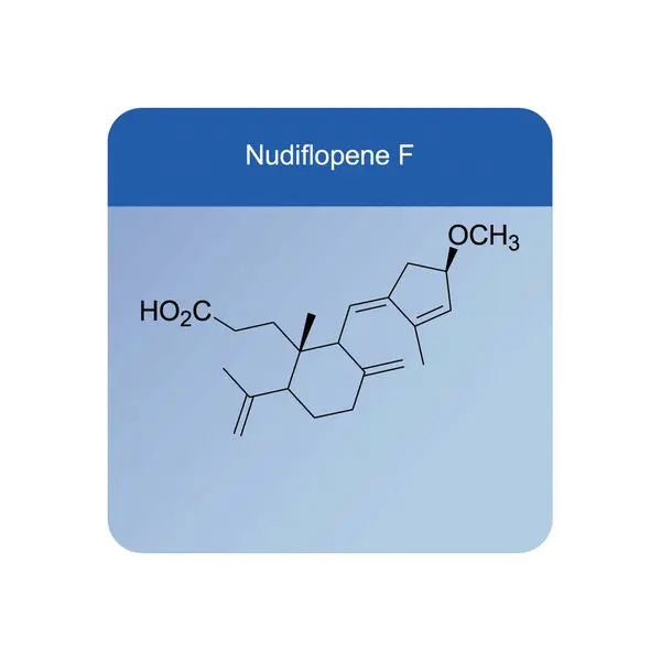 stock vector Nudiflopene F skeletal structure diagram.Diterpenoid compound molecule scientific illustration on blue background.