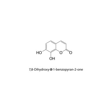 7.8-Dihydroxy-2H-1-benzopyran-2-1 iskelet yapısı. Coumarin bileşik şematik çizim. Basit diyagram, kimyasal formül..