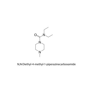 N, N-Dietil-4-Metil-1-piperazinecarboxamlı iskelet yapısı. Yerleştirilmiş piperazin bileşik şematik illüstrasyon. Basit diyagram, kimyasal formül..