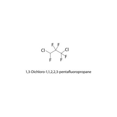 1,3-Dichloro-1,1,2,3,3-heksafloropropan iskelet yapısı. florlu alkan bileşik şematik illüstrasyon. Basit diyagram, kimyasal formül..  