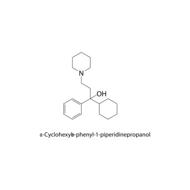 Cyclohexyl-phenyl-1-piperidinepropanol iskelet yapısı. Alkolün bileşik şematik çizimi. Basit diyagram, kimyasal formül..