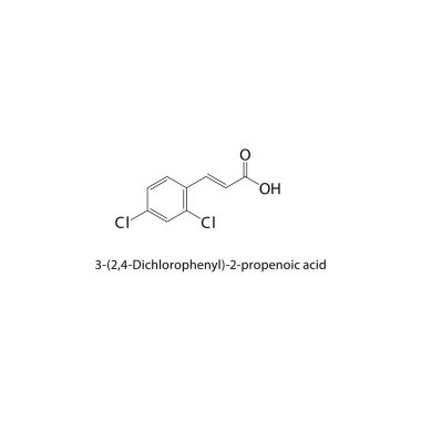 3- (2,4-Dichlorophenyl) -2-propenoik asit iskelet yapısı. Halojen asit bileşiği şematik illüstrasyon. Basit diyagram, kimyasal formül..