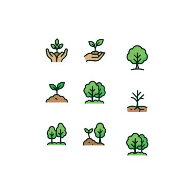 Tohumlar, aletler ve doğa koruma sembolleri de dahil olmak üzere, ağaç dikimi ve orman koruma ikonu renkli çizgi film tarzında cesur hatlara sahip..