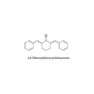 2,6-Dibenzylidenecyclohexanone iskelet yapısı. Diketone bileşik şematik çizim. Basit diyagram, kimyasal formül..