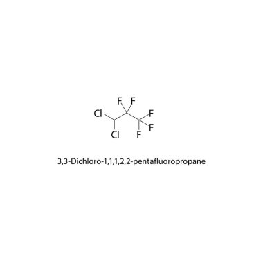 3,3-Dichloro-1,1,1,1,1,2,2 pentafloropropan iskelet yapısı. florlu alkan bileşik şematik illüstrasyon. Basit diyagram, kimyasal formül..
