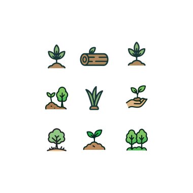 Tohumlar, aletler ve doğa koruma sembolleri de dahil olmak üzere, ağaç dikimi ve orman koruma ikonu renkli çizgi film tarzında cesur hatlara sahip..