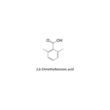 2,6-Dimetilbenzoik asit iskelet yapısı. Benzoik asit bileşik şematik çizim. Basit diyagram, kimyasal formül..  