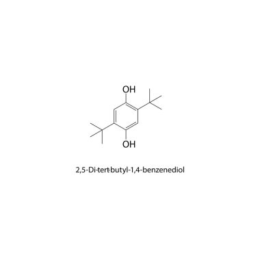 2,5-Di-tert-butyl-1,4-benzenediol skeletal structure. Hindered aromatic diol compound schematic illustration. Simple diagram, chemical formula.