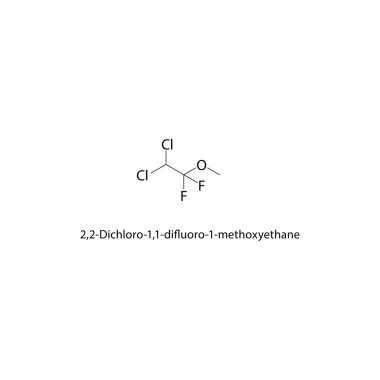 2,2-Dichloro-1,1-difloro-1-methoxyethane iskelet yapısı. Halojen eter bileşik şematik çizim. Basit diyagram, kimyasal formül..