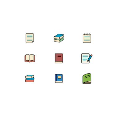 Okul Simgesi Seti 9 Düz Kitap, Not Defteri ve Eğitim ve Eğitim Tasarımı Kağıdı Simgeleri