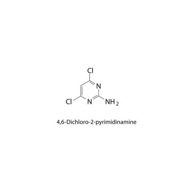 4,6-Dichloro-2-pyrimidinamine iskelet yapısı. Halojen pirimidin bileşik şematik çizim. Basit diyagram, kimyasal formül..  