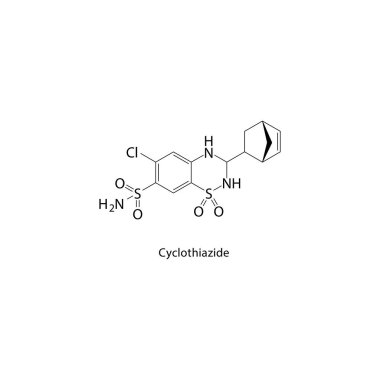 Cyclothiazide iskelet yapısı. Diüretik bileşik şematik çizim. Basit diyagram, kimyasal formül..