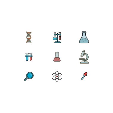 Laboratuvar ve Bilim Simgesi: Mataranın 9 Düz Vektör Simgesi, DNA, Atom Sembolü ve Eğitim ve Araştırma Gözlüğü