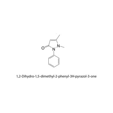 1,2-Dihydro-1,5-dimetil-2-fenil-3H-pyrazol-3-1 iskelet yapısı. Pyrazolone bileşik şematik illüstrasyon. Basit diyagram, kimyasal formül..