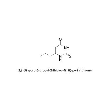 2,3-Dihydro-6-propil-2-thioxo-4 (1H) -pyrimidinone iskelet yapısı. Pyrimidinone bileşik şematik çizim. Basit diyagram, kimyasal formül..