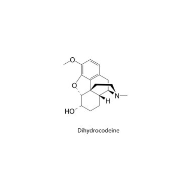 Dihydrokodein moleküler yapısı, düz iskelet kimyasal formülü. Opioid, ağrı kesici, narkotik, ağrı kesici. Vektör illüstrasyonu.