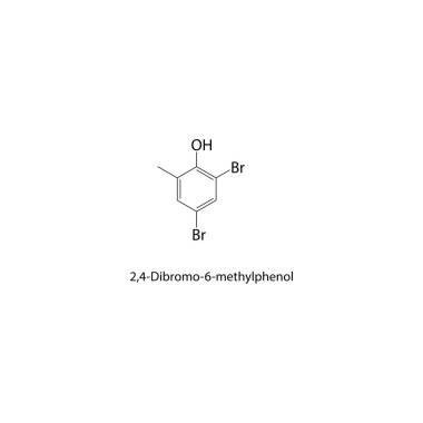 2,4-Dibromo-6-methylphenol skeletal structure. Halogenated phenol compound schematic illustration. Simple diagram, chemical formula.