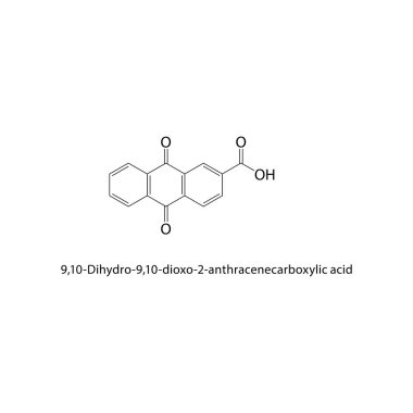 9,10-Dihydro-9,10-dioxo-2-anthracenecarecyboxylic asit iskelet yapısı. Anthraquinone Asit bileşik şematik çizimi. Basit diyagram, kimyasal formül..