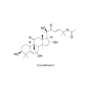 Cucurbitacin C iskelet yapısı. Triterpenoid bileşik şematik çizim. Basit diyagram, kimyasal formül..