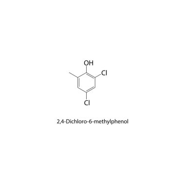 2,4-Dichloro-6-metilfenol iskelet yapısı. Halojen fenol bileşik şematik çizim. Basit diyagram, kimyasal formül..