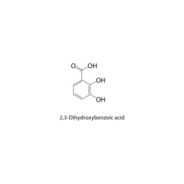 2,3-Dihydroxybenzoic asit iskelet yapısı. Benzoik asit bileşik şematik çizim. Basit diyagram, kimyasal formül..