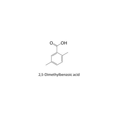 2,5-Dimetilbenzoik asit iskelet yapısı. Benzoik asit bileşik şematik çizim. Basit diyagram, kimyasal formül..  