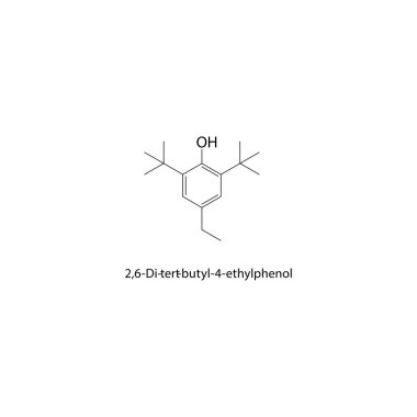 2,6-Di-tert-bütil-4-etilfenol iskelet yapısı. Engellenmiş fenol antioksidan bileşik şematik çizim. Basit diyagram, kimyasal formül..