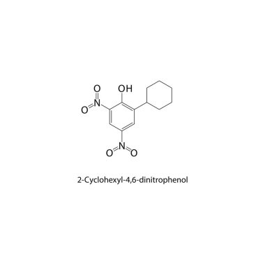 2-Cyclohexyl-4,6-dinitrofenol iskelet yapısı. Nitro fenol bileşik şematik çizim. Basit diyagram, kimyasal formül..