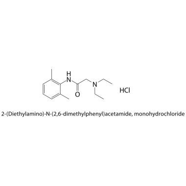 2- (Diethylamino) -N- (2,6-dimethylphenyl) asetamit, monohidroklorür iskelet yapısı. anestetik tuz bileşiği şematik çizimi. Basit diyagram, kimyasal formül..