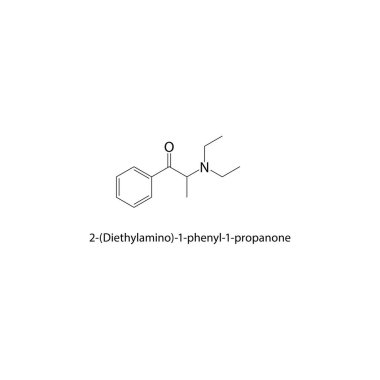 2- (Diethylamino) -1-fenil-1-propanon iskelet yapısı. Keton amini bileşik şematik illüstrasyon. Basit diyagram, kimyasal formül..