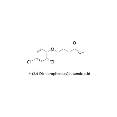 4-2,4-Dichlorophenoxy-butanoik asit iskelet yapısı. Bitki öldürücü bileşik şematik illüstrasyon. Basit diyagram, kimyasal formül..