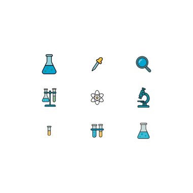 Okul Bilimi Sınıfı Simgesi: Mikroskop, Atom, Matara ve Eğitim ve BTMM Öğrenme için Büyüteç Simgeleri 9 Düz Vektör Simgesi