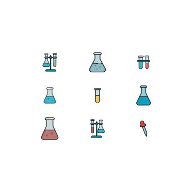 Renkli Laboratuar Camı Simgesi 9 Flat Vektör Bilim Şişe ve Kimya, Biyoloji ve Araştırma Tasarımı Test Tüpleri Simgeleri