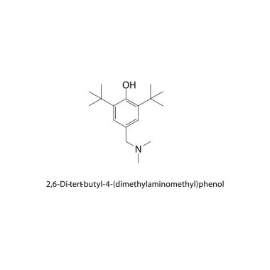 2,6-Di-tert-butyl-4-(dimethylaminomethyl)phenol skeletal structure. Hindered phenol antioxidant compound schematic illustration. Simple diagram, chemical formula.