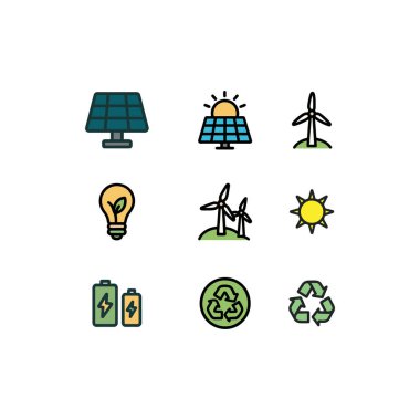 Yenilenebilir enerji kaynakları simgesi, güneş, rüzgar, hidrokütle, biyokütle ve yeşil enerji sembolleri gibi cesur hatlara sahip renkli çizgi film tarzında ayarlandı.