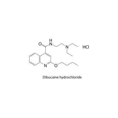 Dibucaine hydrochloride skeletal structure. Local anesthetic salt compound schematic illustration. Simple diagram, chemical formula.  